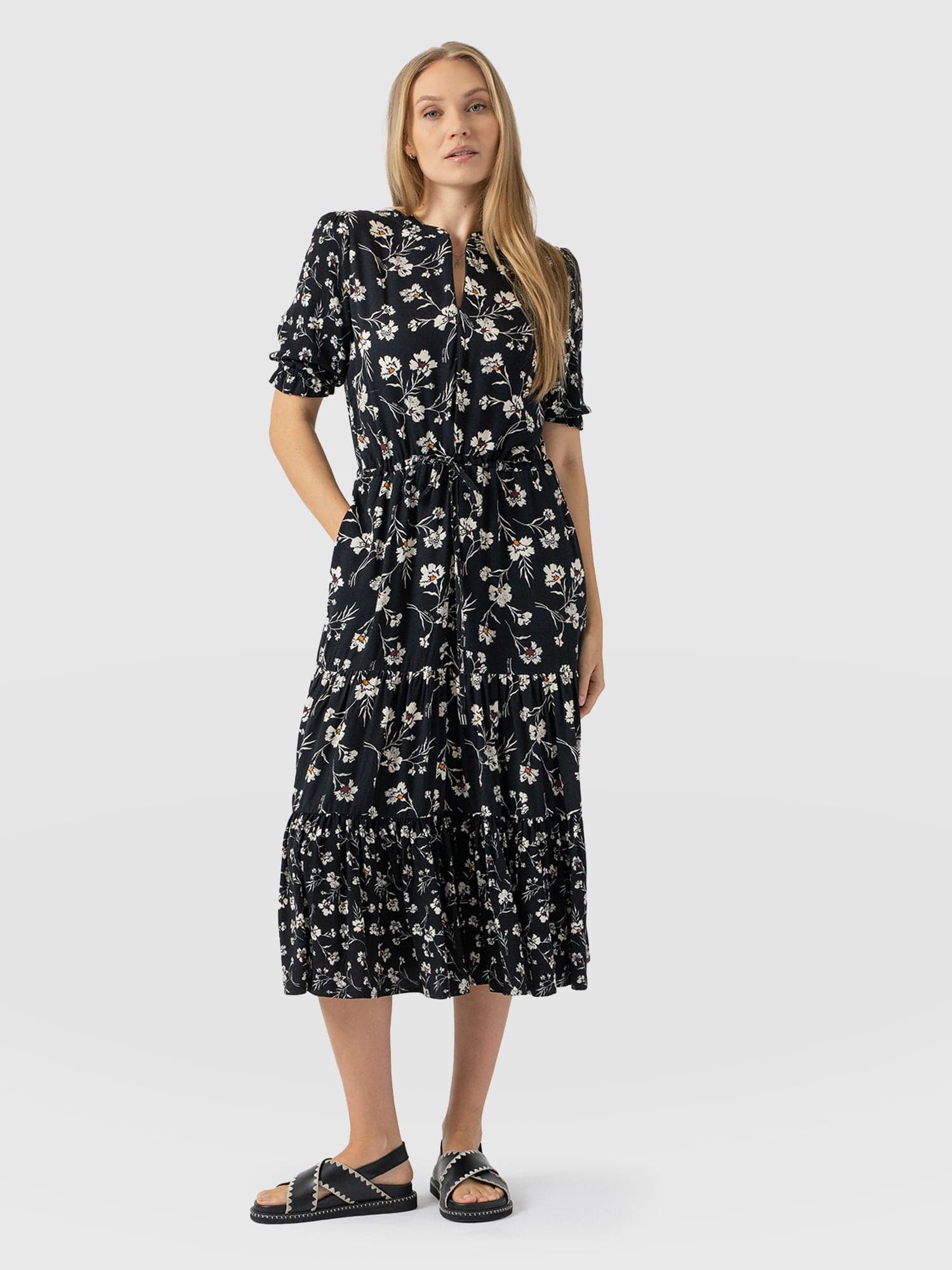 Olivia Zip Up Short Sleeve Dress - Black Spring Floral - Women's Dresss | Saint + Sofia® USA